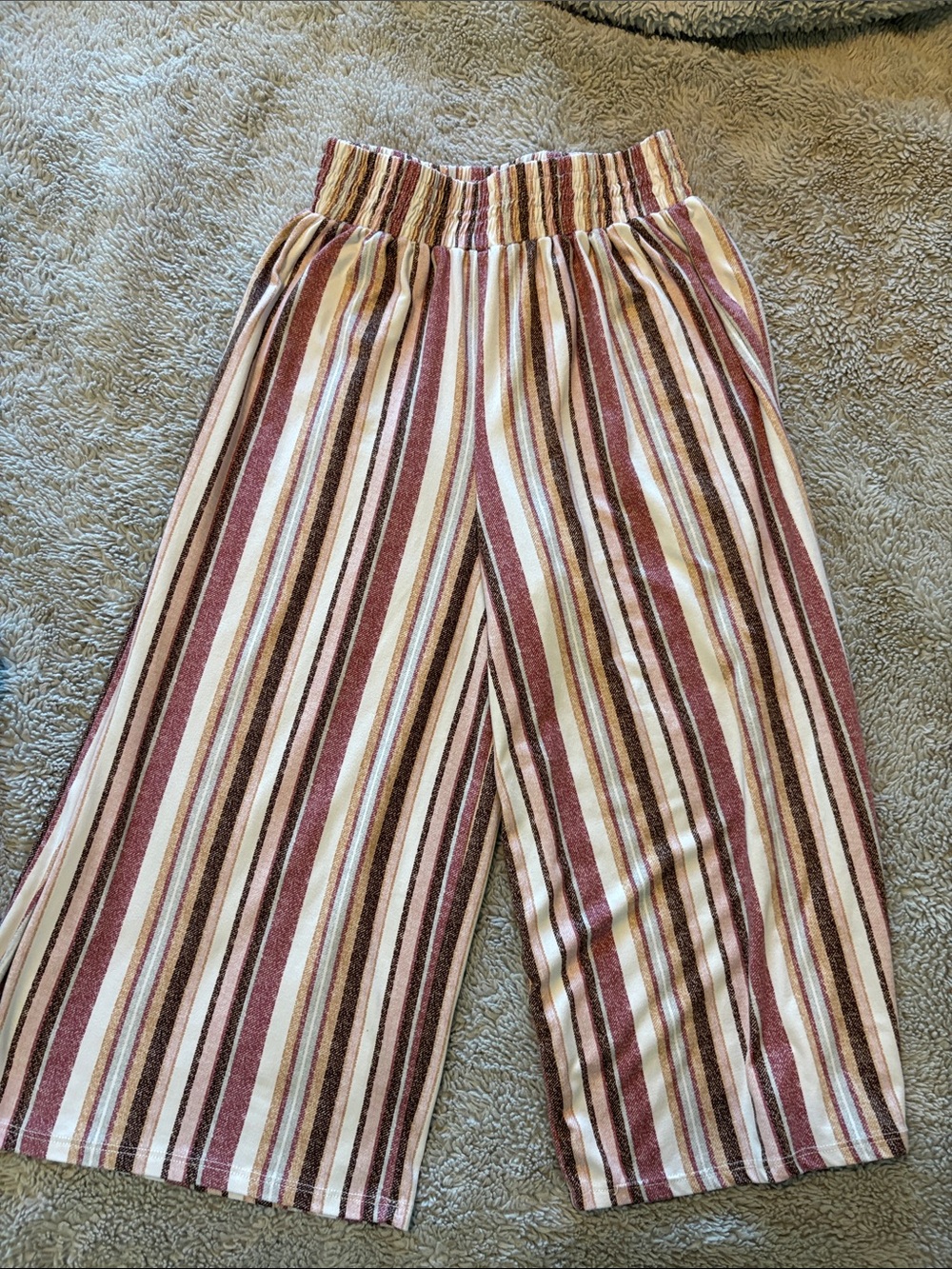 Wide Leg Striped Pull-On Pants in Cream & Mauve